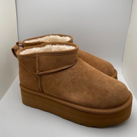 CUSHIONAIRE Women's COZY Genuine Suede pull on platform boot CHESTNUT 9W - Picture 1 of 6